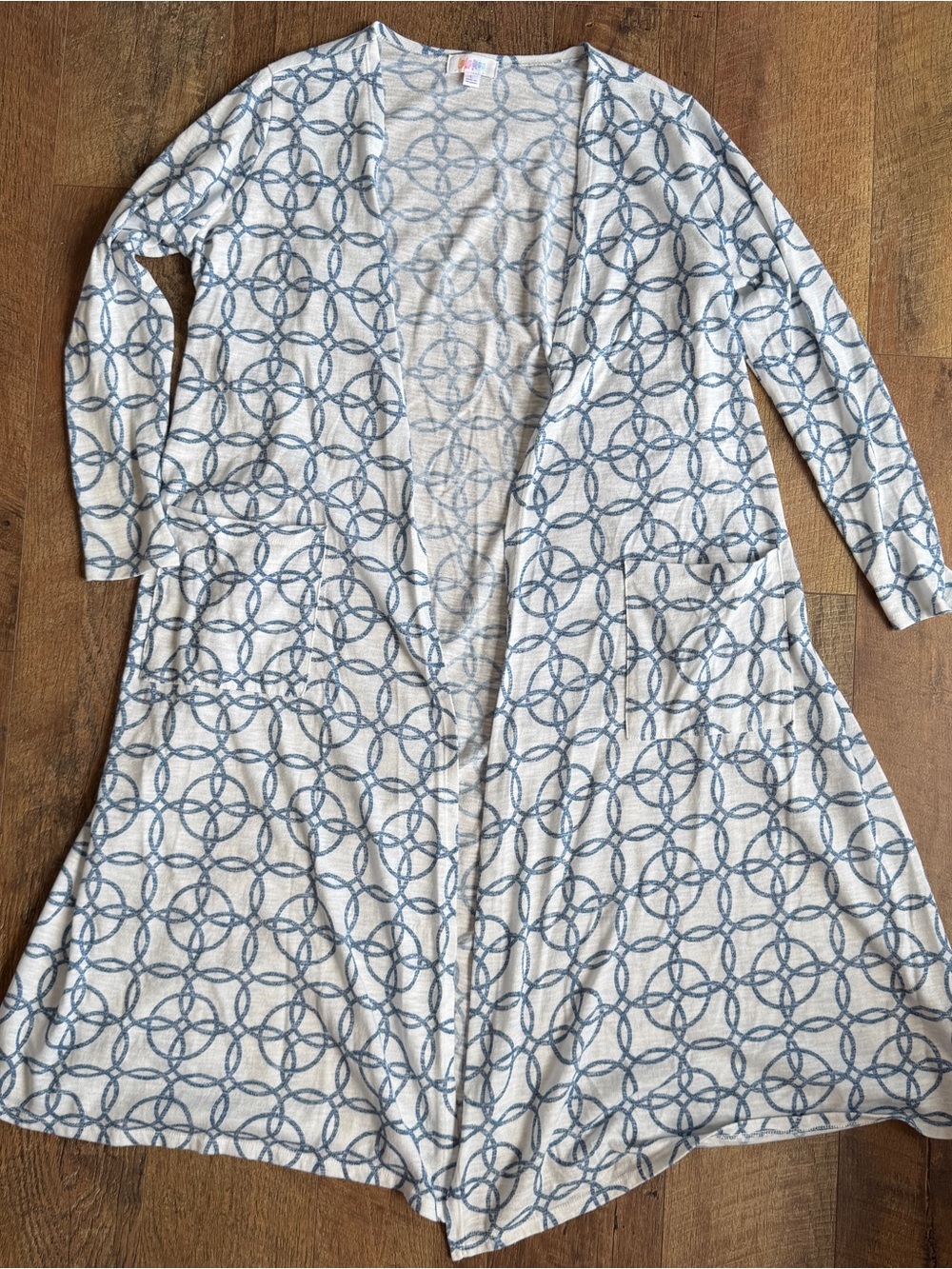 LuLaRoe Sarah Long Cardigan Duster White Blue Geometric Shapes Open Front Large